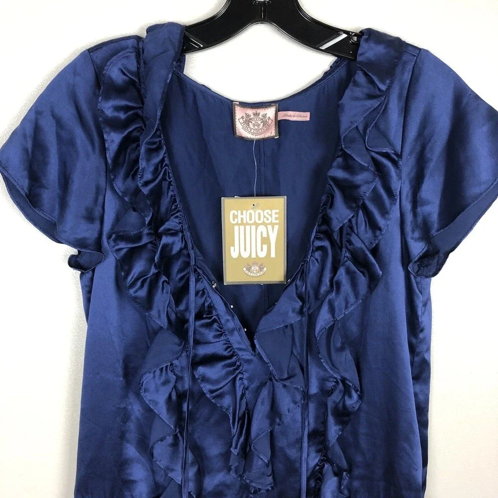 Juicy Couture Silk Romper Womens Size S Luxury Navy Ruffle Tie Front Pockets NEW